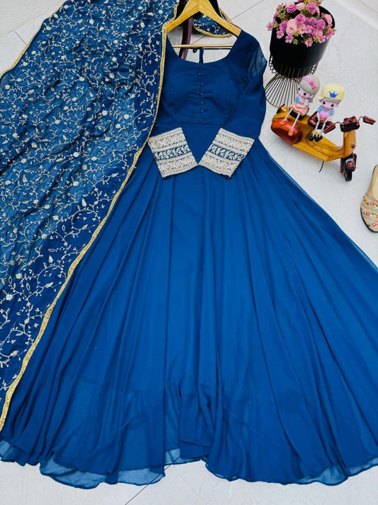Lavish Blue New Designer Party Wear Gown & Dupatta Set ( MAS_ZB_5040_Blue )
