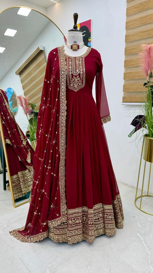 Admiring Maroon Party Wear Gown & Dupatta Set With Sequence Embroidery Work ( MAS_ZB_5044 )