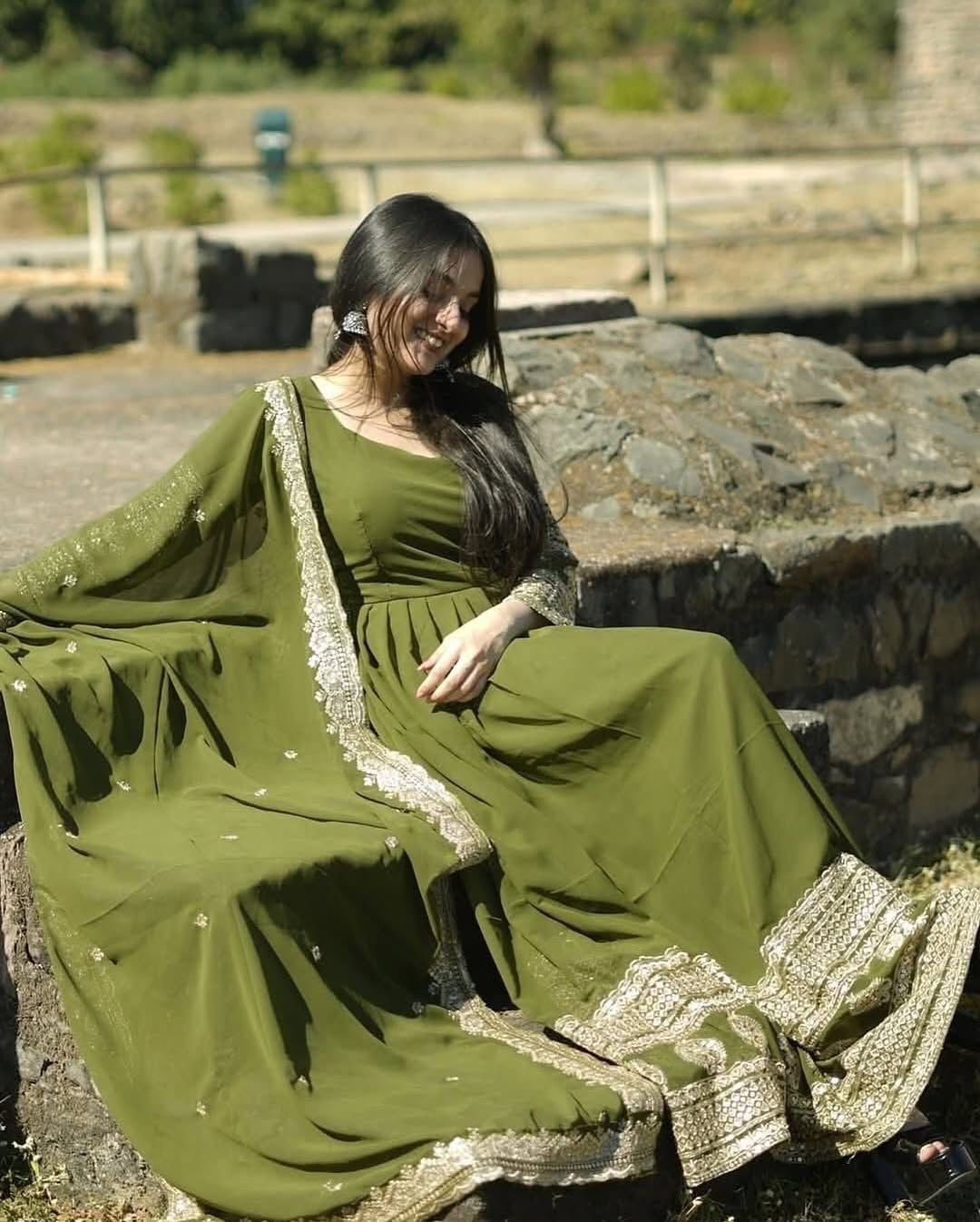 Captivating Mahendi Designer Party Wear Gown & Dupatta Set With Sequence Embroidery Work ( MAS_ZC_8991 )