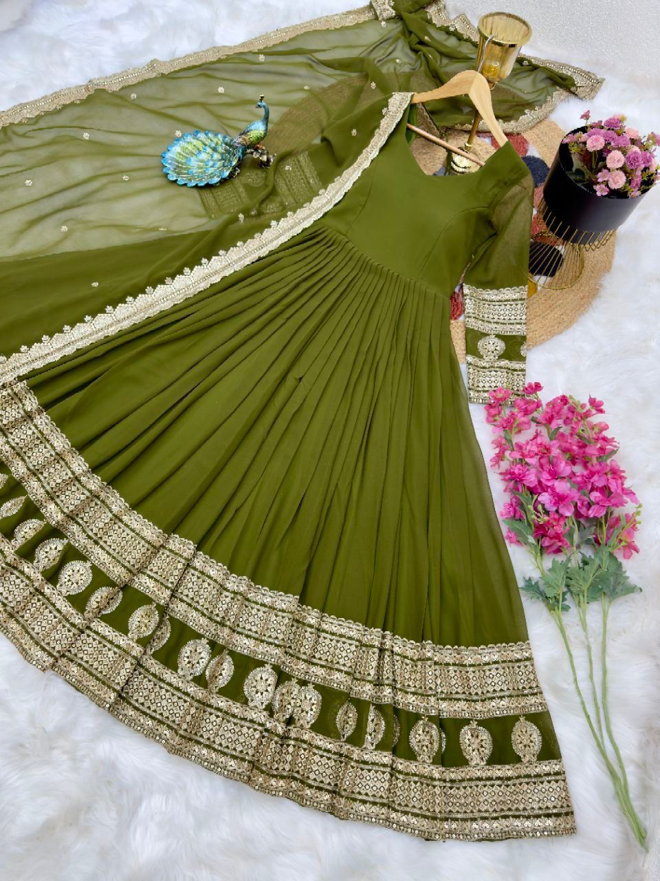 Captivating Mahendi Designer Party Wear Gown & Dupatta Set With Sequence Embroidery Work ( MAS_ZC_8991 )