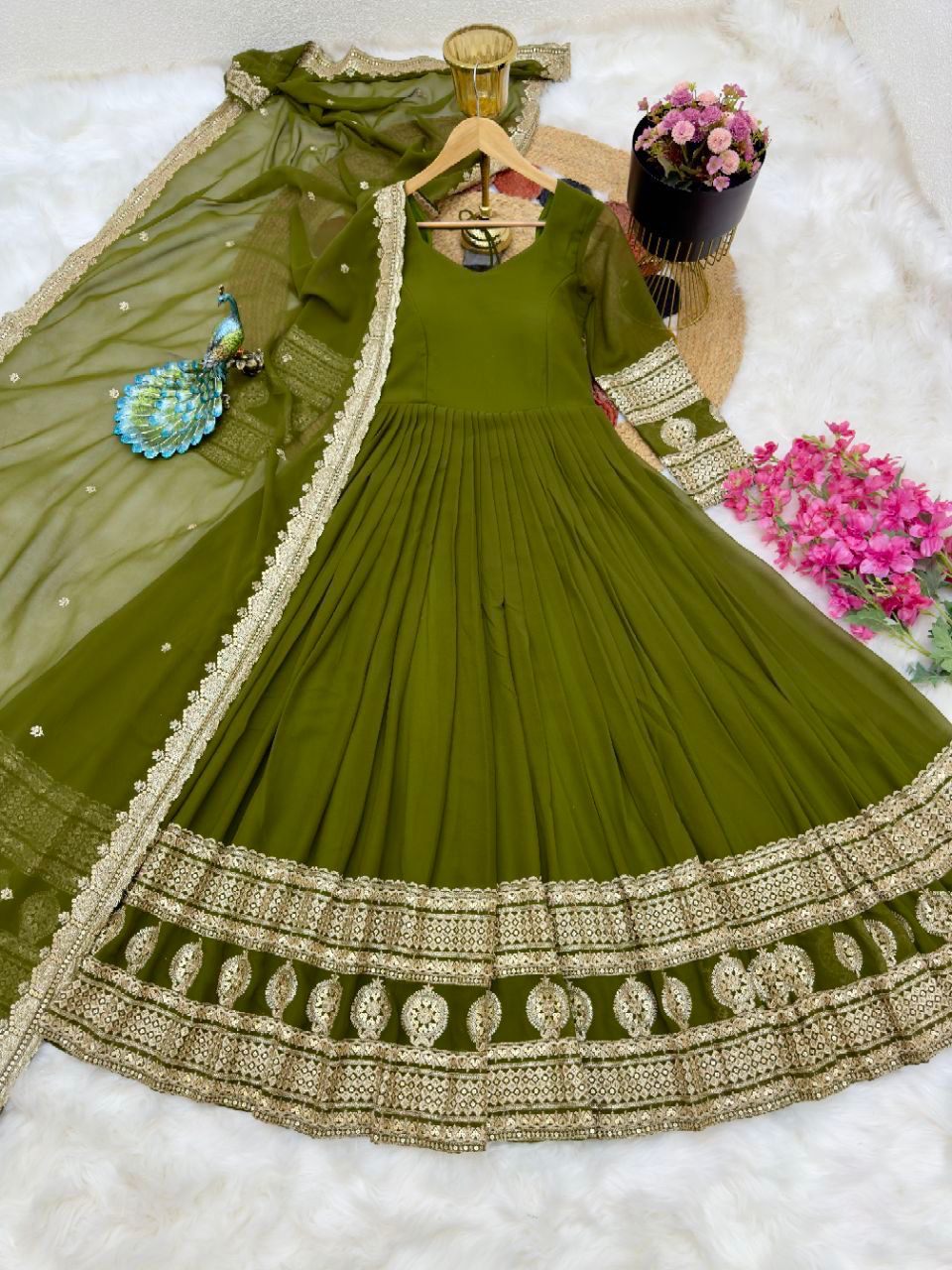 Captivating Mahendi Designer Party Wear Gown & Dupatta Set With Sequence Embroidery Work ( MAS_ZC_8991 )