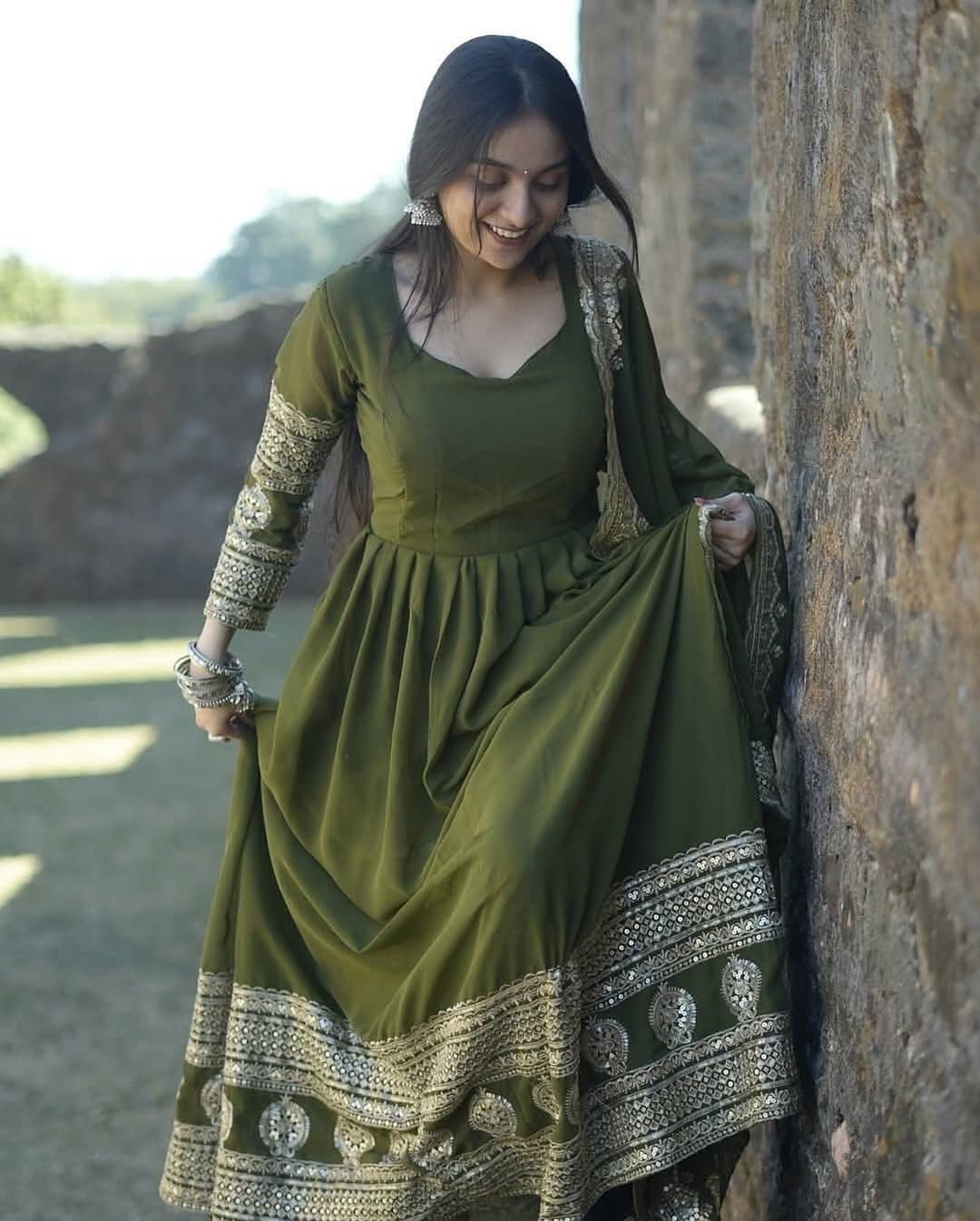 Captivating Mahendi Designer Party Wear Gown & Dupatta Set With Sequence Embroidery Work ( MAS_ZC_8991 )