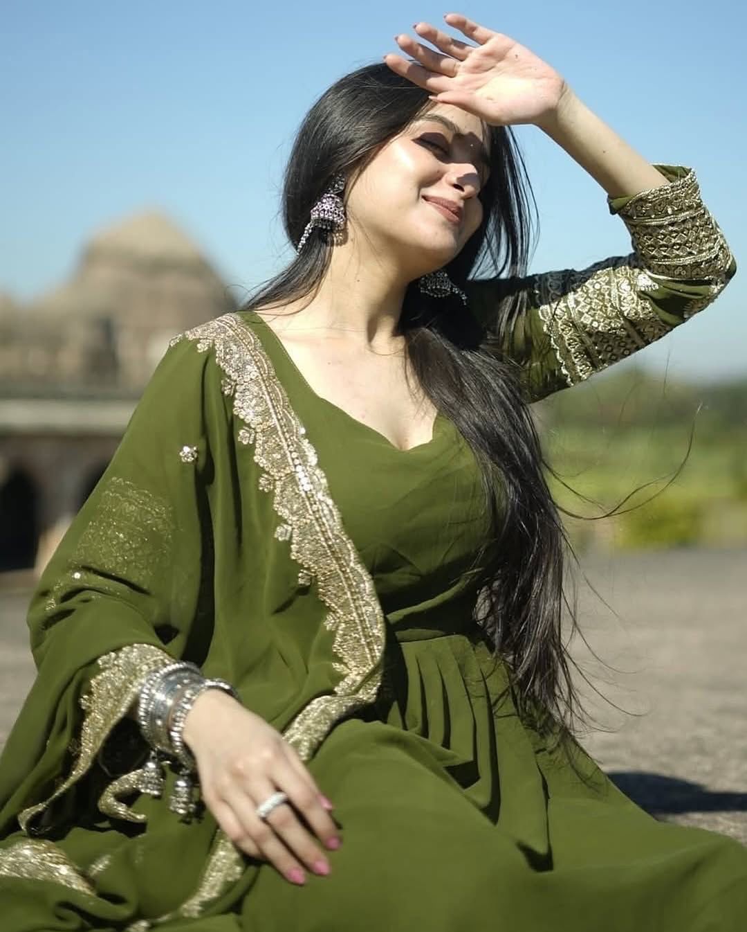 Captivating Mahendi Designer Party Wear Gown & Dupatta Set With Sequence Embroidery Work ( MAS_ZC_8991 )