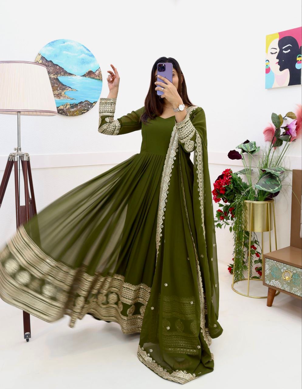 Captivating Mahendi Designer Party Wear Gown & Dupatta Set With Sequence Embroidery Work ( MAS_ZC_8991 )