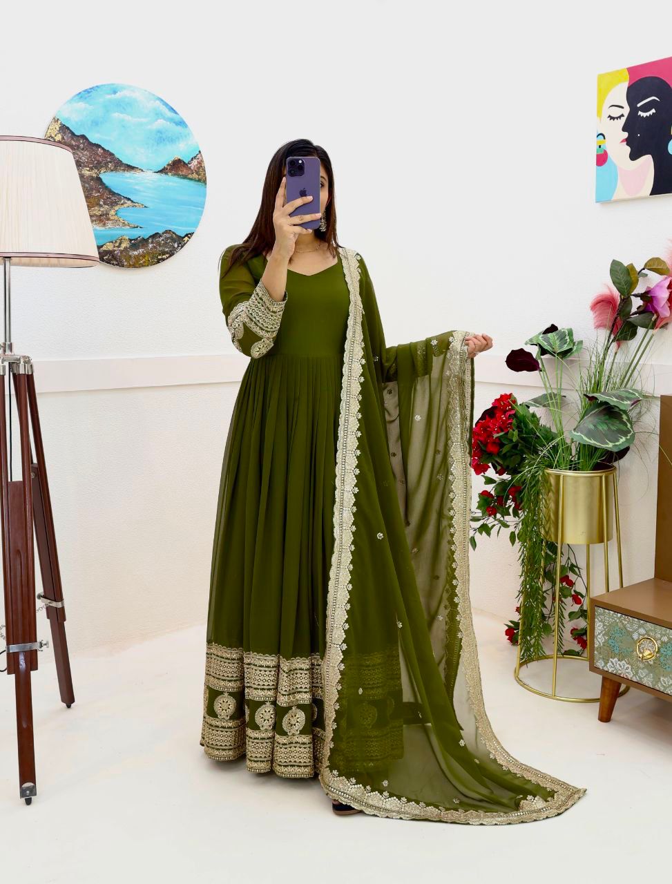 Captivating Mahendi Designer Party Wear Gown & Dupatta Set With Sequence Embroidery Work ( MAS_ZC_8991 )