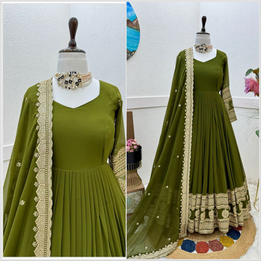 Captivating Mahendi Designer Party Wear Gown & Dupatta Set With Sequence Embroidery Work ( MAS_ZC_8991 )