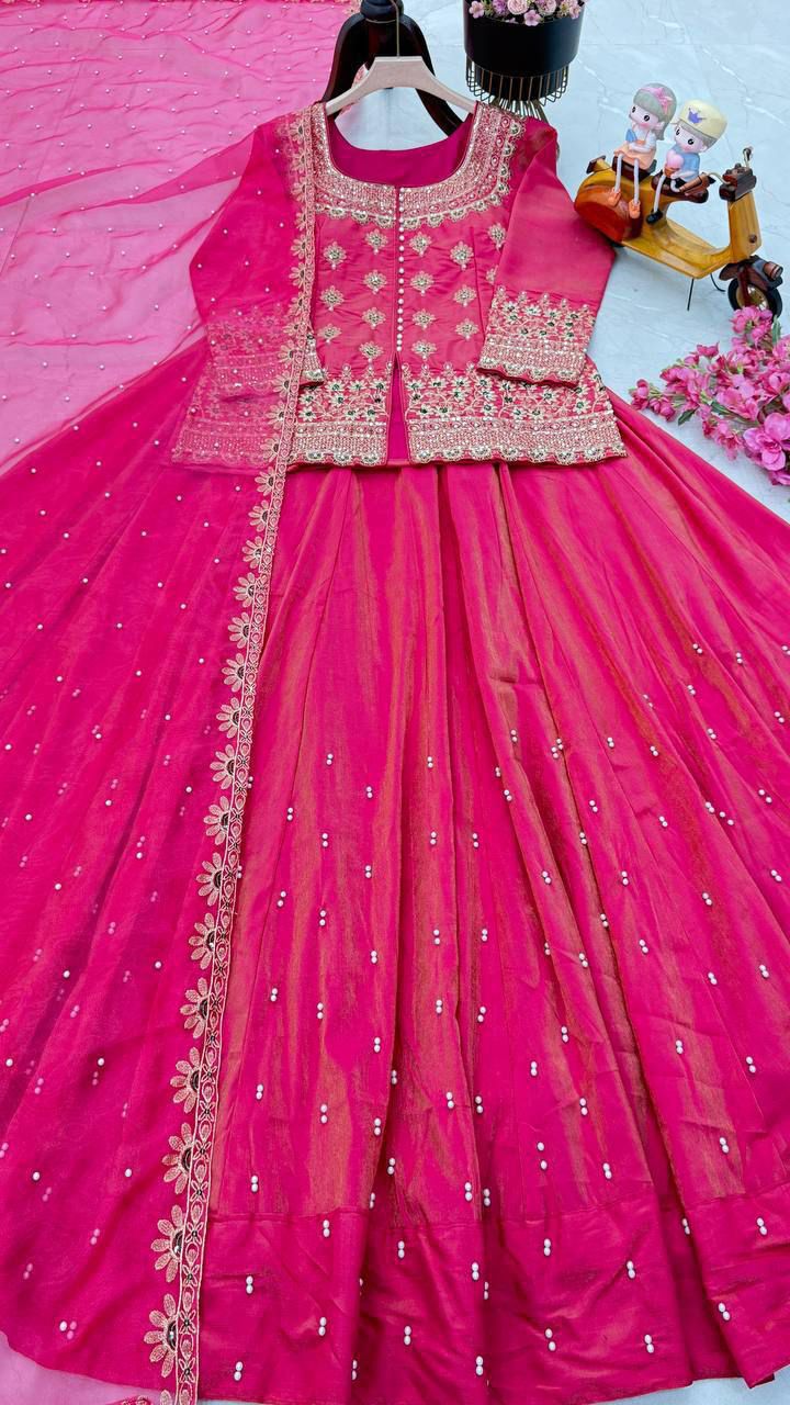 Demanding Designer Lehenga Crop Top & Dupatta Set With Bids & Sequence Embroidery Work ( MAS_ZC_9008_Pink )