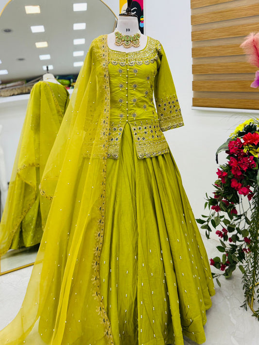 Eye Catching Parrot Lehenga Crop Top & Dupatta Set With Bids & Sequence Embroidery Work (MAS_ZC_9008_Parrot)