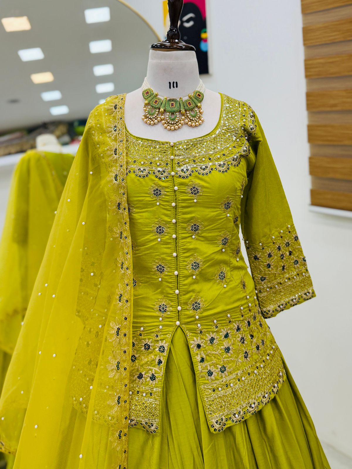 Eye Catching Parrot Lehenga Crop Top & Dupatta Set With Bids & Sequence Embroidery Work (MAS_ZC_9008_Parrot)