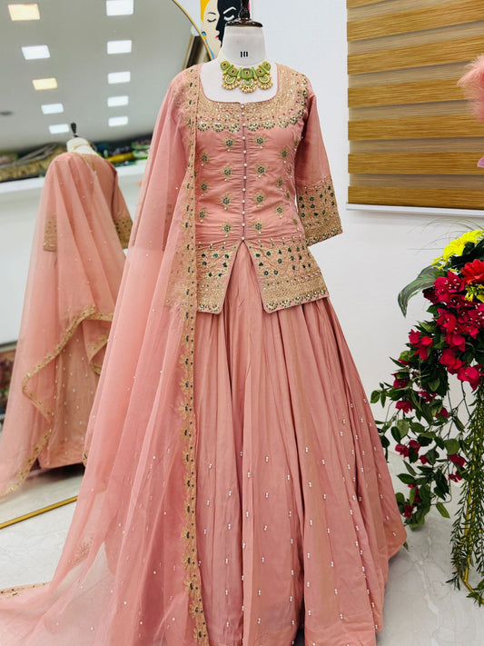 Trendy Peach Lehenga Crop Top & Dupatta Set With Bids & Sequence Embroidery Work (MAS_ZC_9008_Peach)