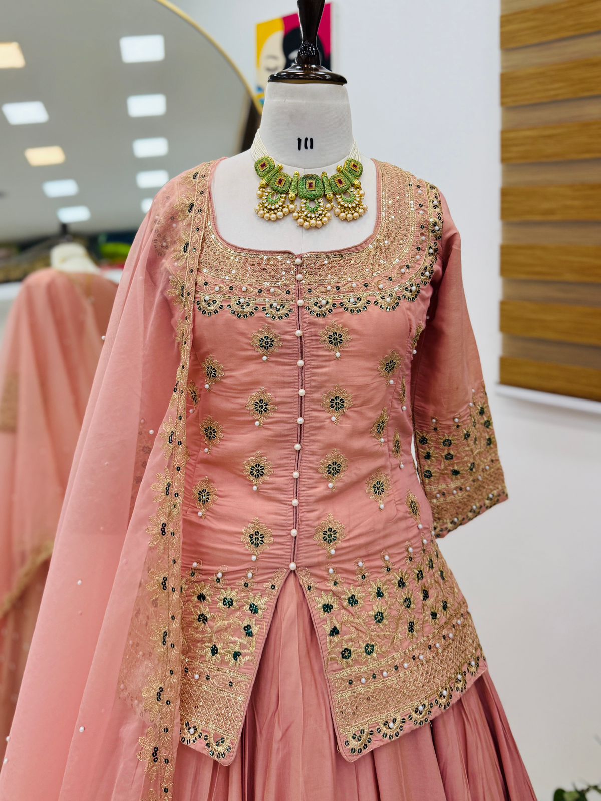 Trendy Peach Lehenga Crop Top & Dupatta Set With Bids & Sequence Embroidery Work (MAS_ZC_9008_Peach)
