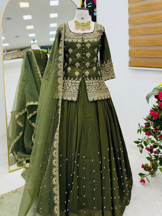 Party Wear Mehendi Lehenga Crop Top & Dupatta Set With Bids & Sequence Embroidery Work (MAS_ZC_9008_Mehendi)