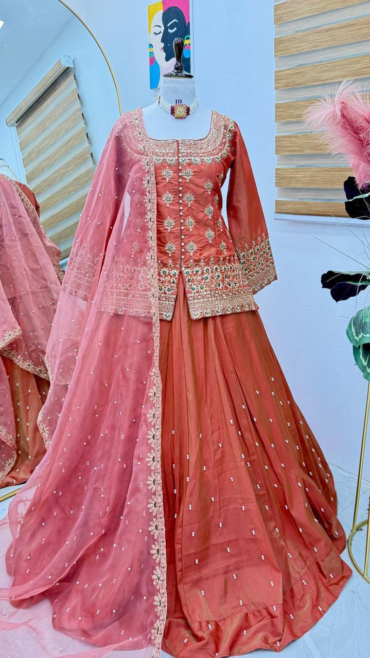 Exclusive Orange Lehenga Crop Top & Dupatta Set With Bids & Sequence Embroidery Work ( MAS_ZC_9008_Orange )