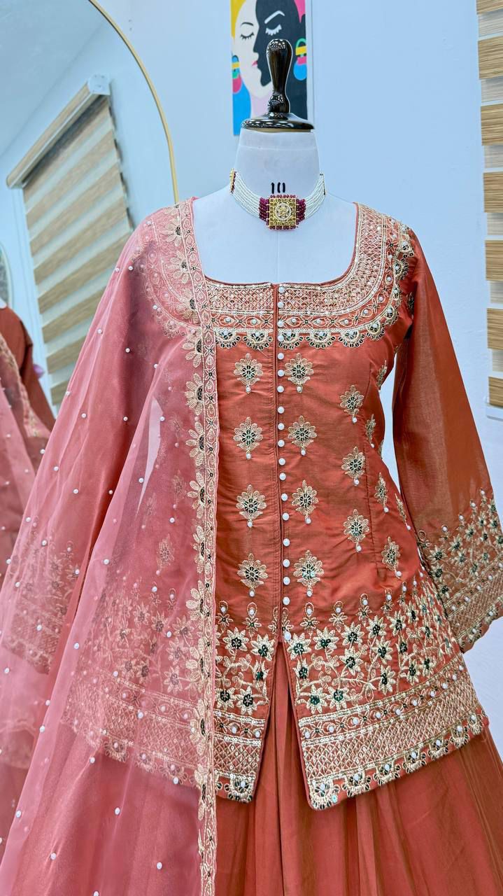 Exclusive Orange Lehenga Crop Top & Dupatta Set With Bids & Sequence Embroidery Work ( MAS_ZC_9008_Orange )