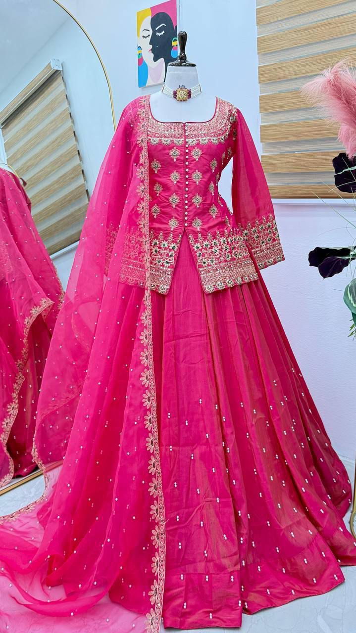 Demanding Designer Lehenga Crop Top & Dupatta Set With Bids & Sequence Embroidery Work ( MAS_ZC_9008_Pink )