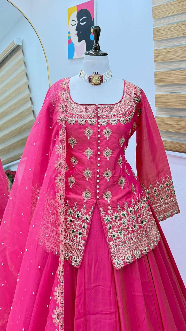 Demanding Designer Lehenga Crop Top & Dupatta Set With Bids & Sequence Embroidery Work ( MAS_ZC_9008_Pink )