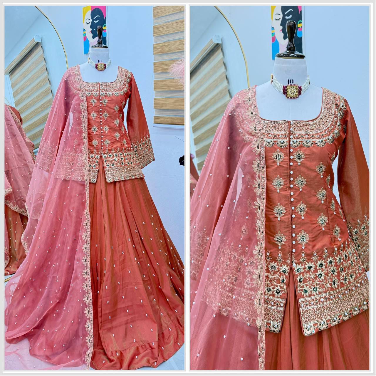 Exclusive Orange Lehenga Crop Top & Dupatta Set With Bids & Sequence Embroidery Work ( MAS_ZC_9008_Orange )