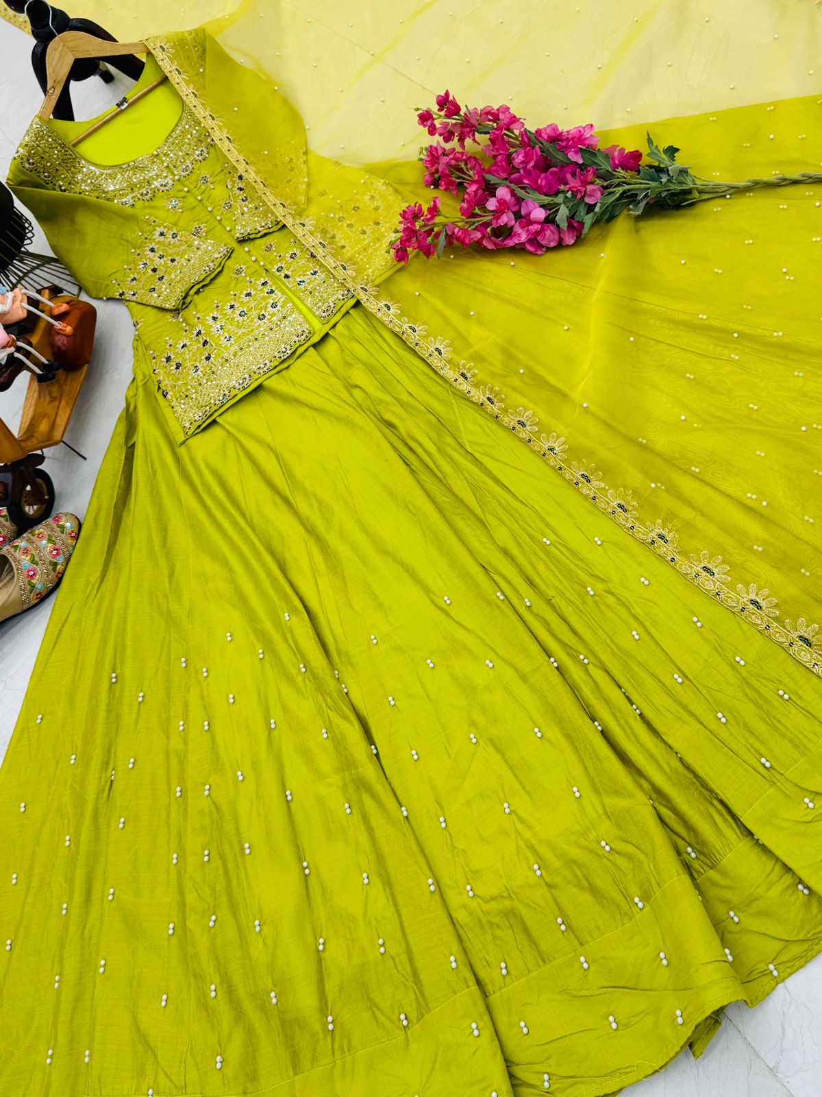Eye Catching Parrot Lehenga Crop Top & Dupatta Set With Bids & Sequence Embroidery Work (MAS_ZC_9008_Parrot)