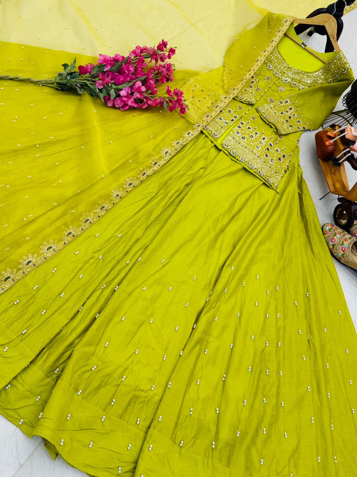 Eye Catching Parrot Lehenga Crop Top & Dupatta Set With Bids & Sequence Embroidery Work (MAS_ZC_9008_Parrot)