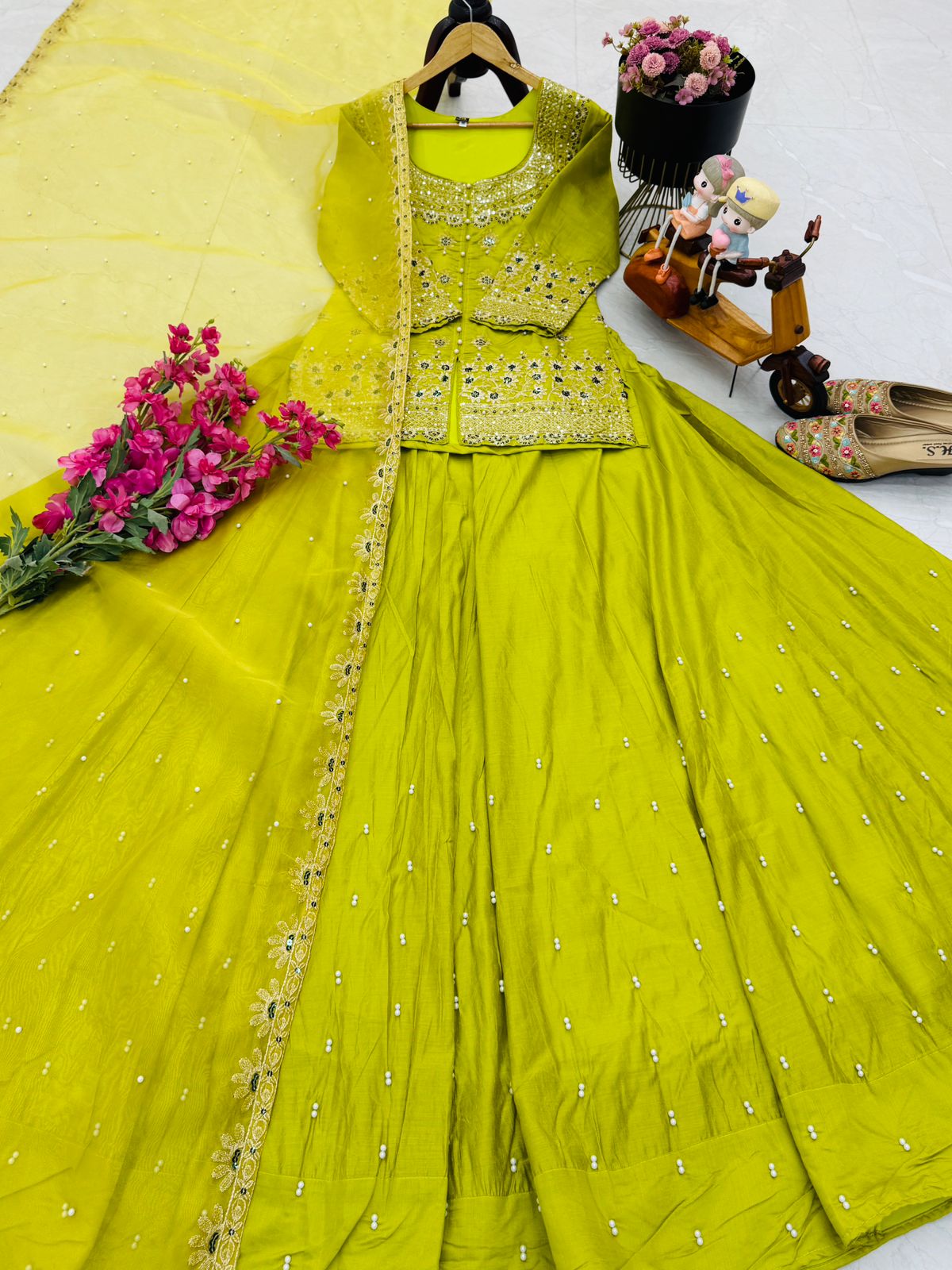 Eye Catching Parrot Lehenga Crop Top & Dupatta Set With Bids & Sequence Embroidery Work (MAS_ZC_9008_Parrot)