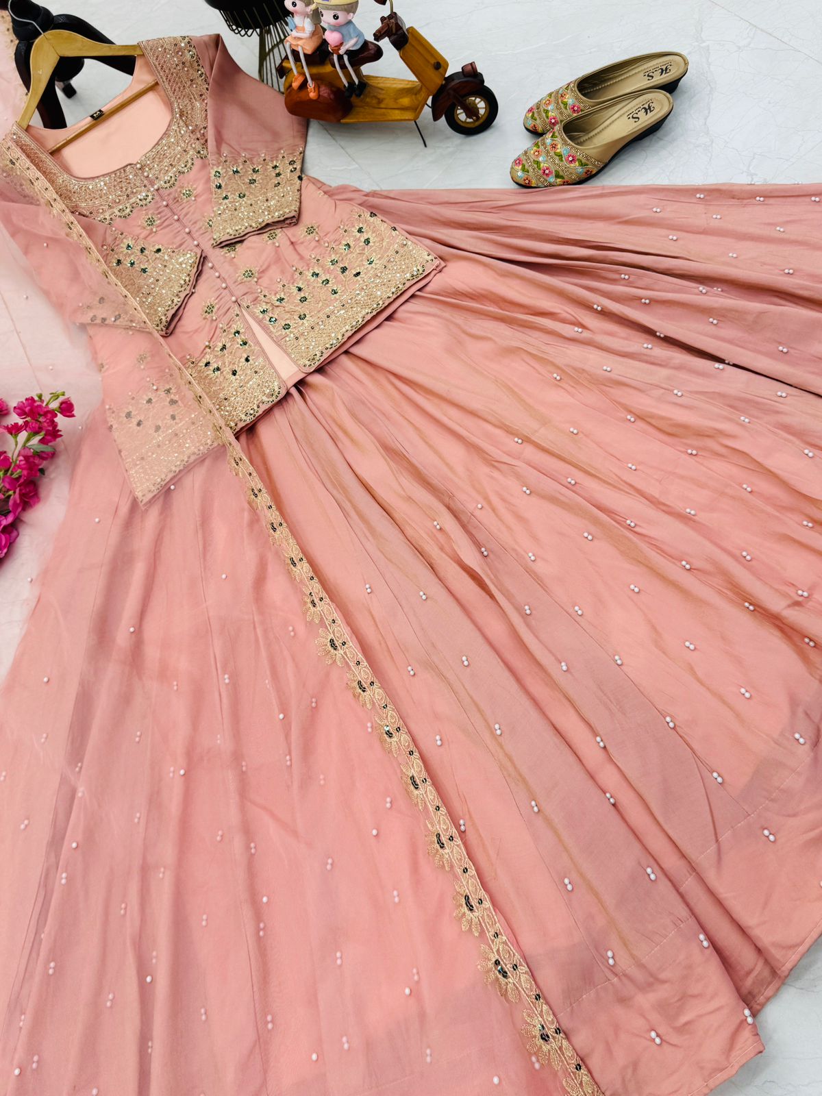 Trendy Peach Lehenga Crop Top & Dupatta Set With Bids & Sequence Embroidery Work (MAS_ZC_9008_Peach)
