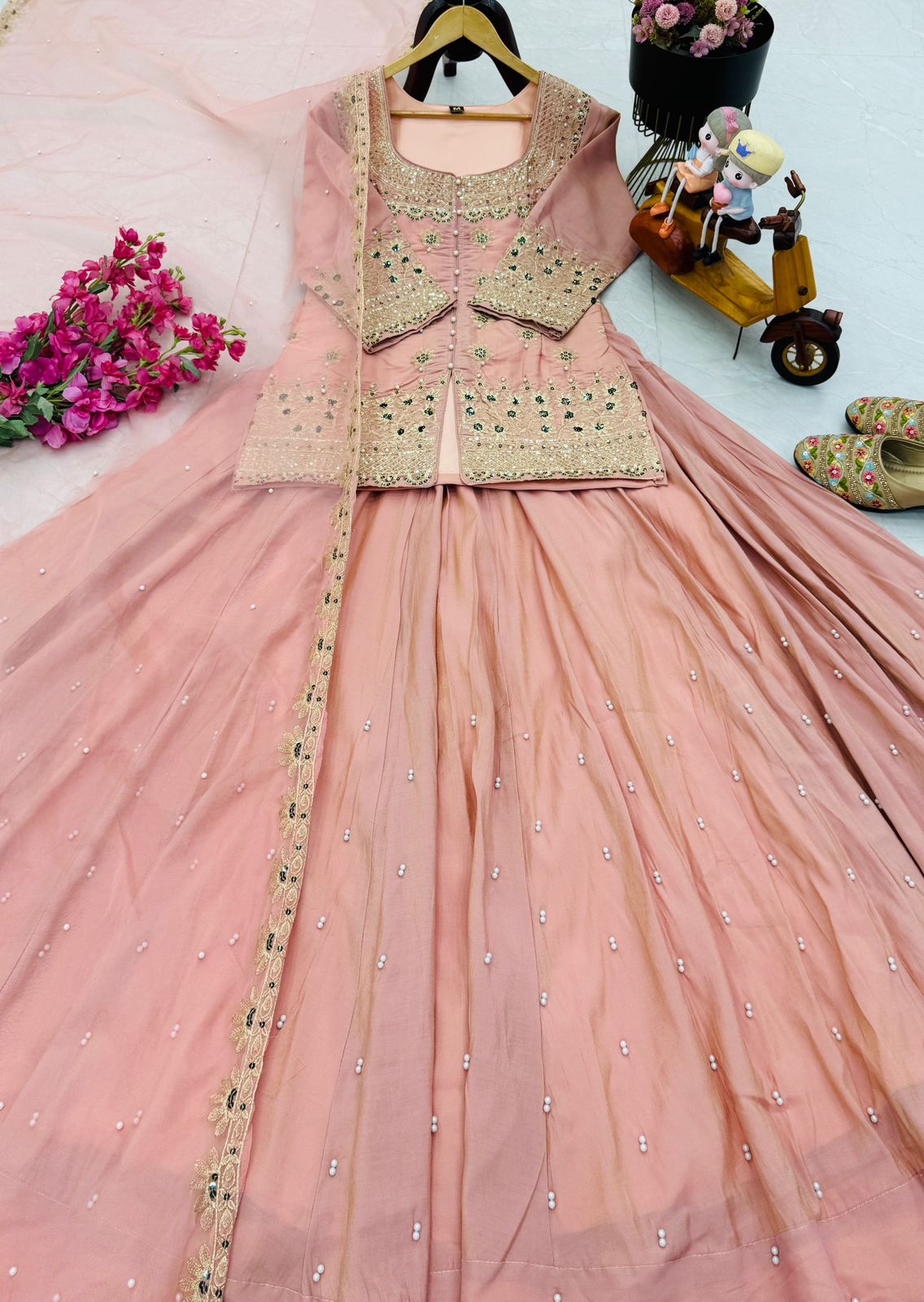 Trendy Peach Lehenga Crop Top & Dupatta Set With Bids & Sequence Embroidery Work (MAS_ZC_9008_Peach)