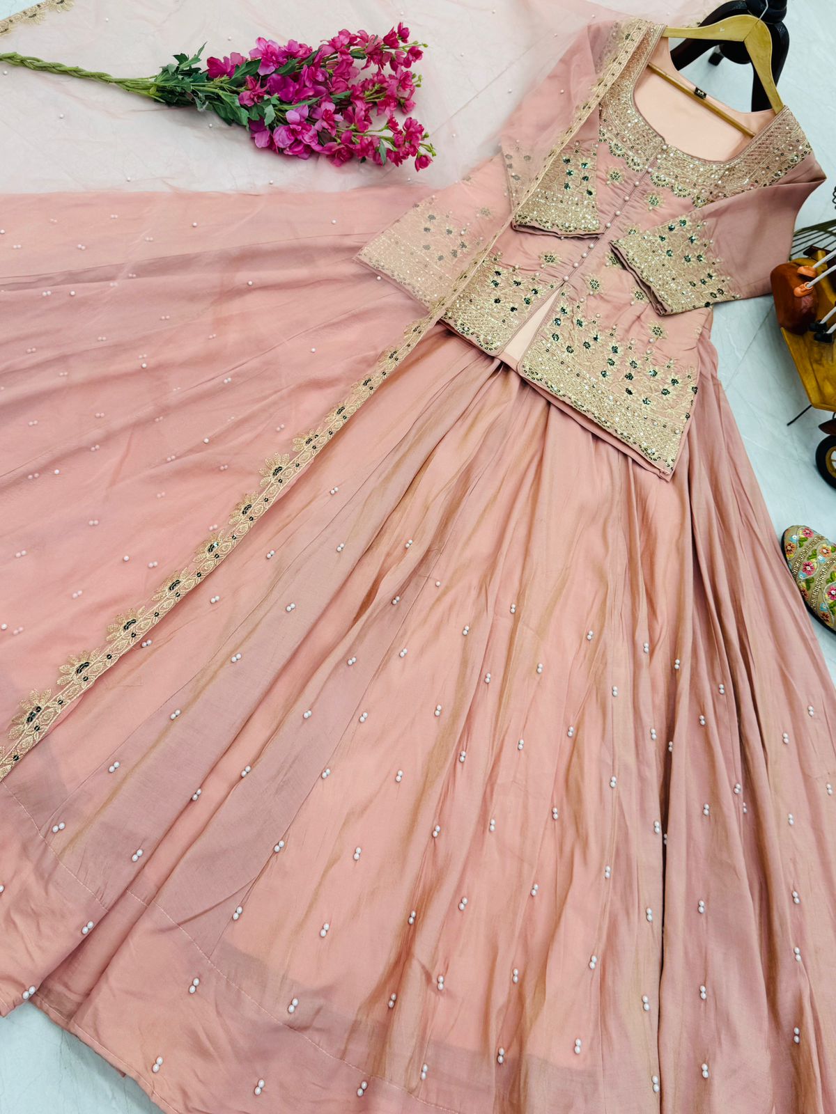 Trendy Peach Lehenga Crop Top & Dupatta Set With Bids & Sequence Embroidery Work (MAS_ZC_9008_Peach)
