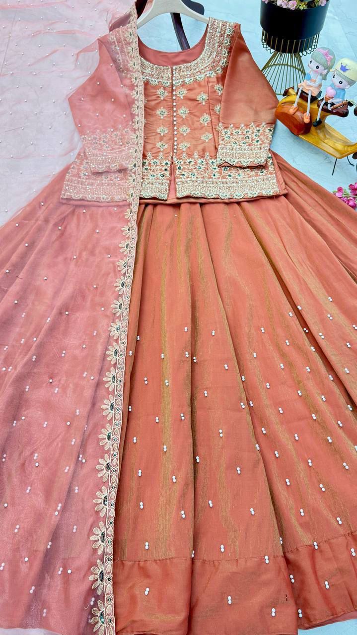 Exclusive Orange Lehenga Crop Top & Dupatta Set With Bids & Sequence Embroidery Work ( MAS_ZC_9008_Orange )