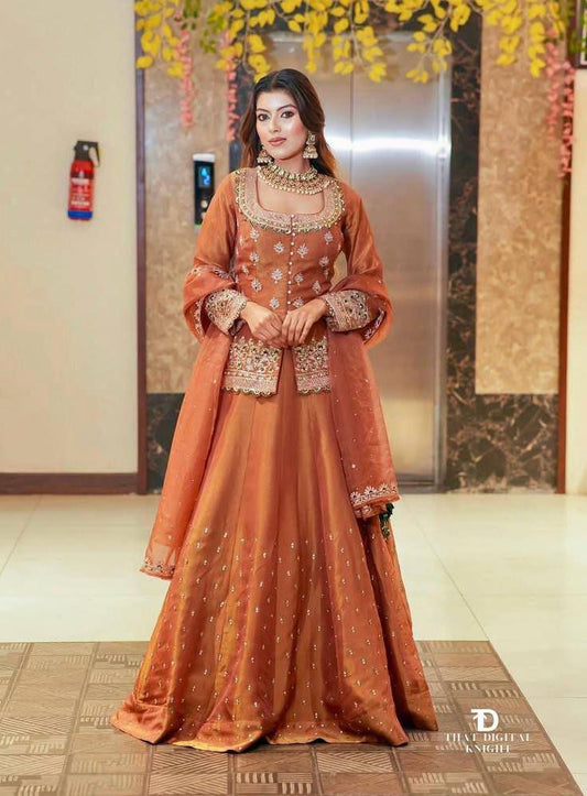 Exclusive Orange Lehenga Crop Top & Dupatta Set With Bids & Sequence Embroidery Work ( MAS_ZC_9008_Orange )