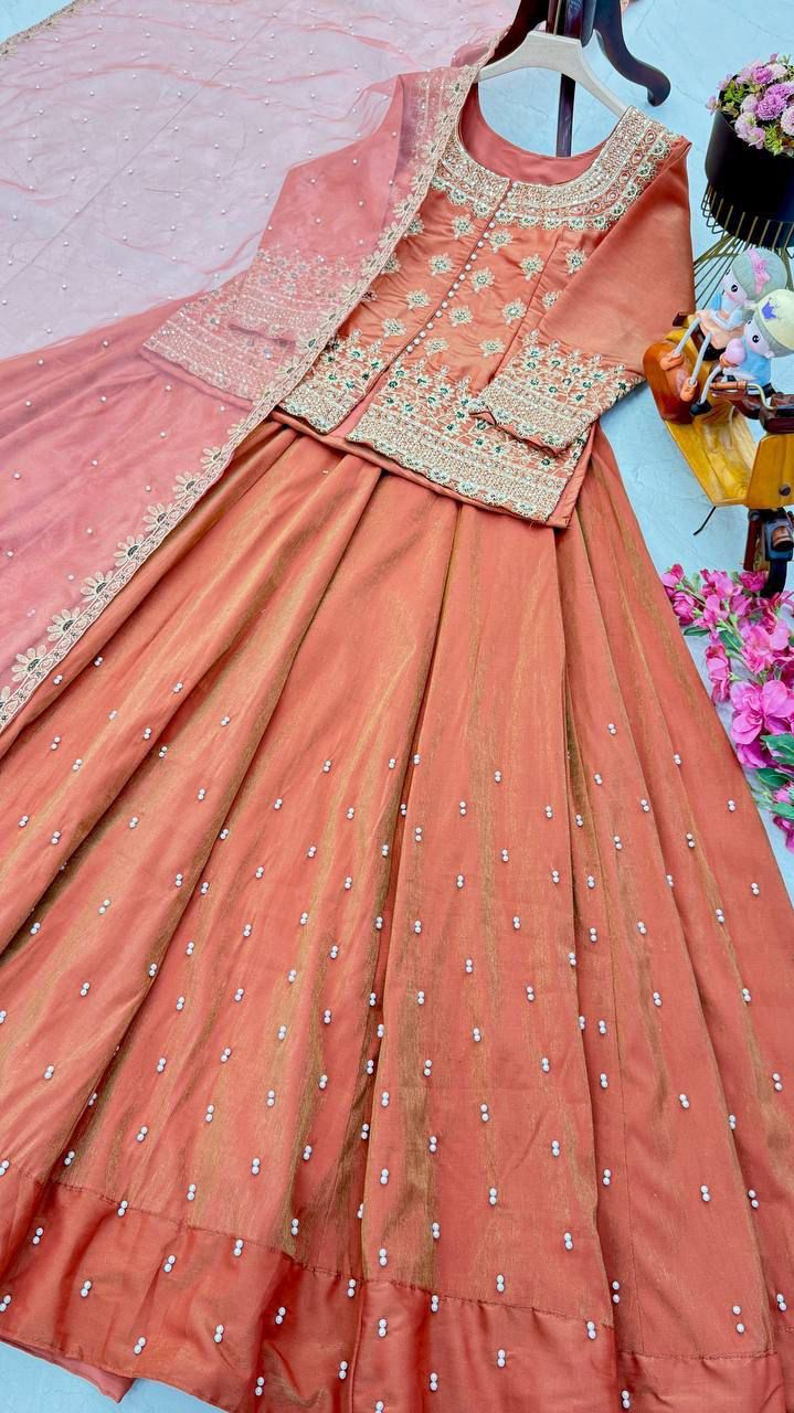 Exclusive Orange Lehenga Crop Top & Dupatta Set With Bids & Sequence Embroidery Work ( MAS_ZC_9008_Orange )