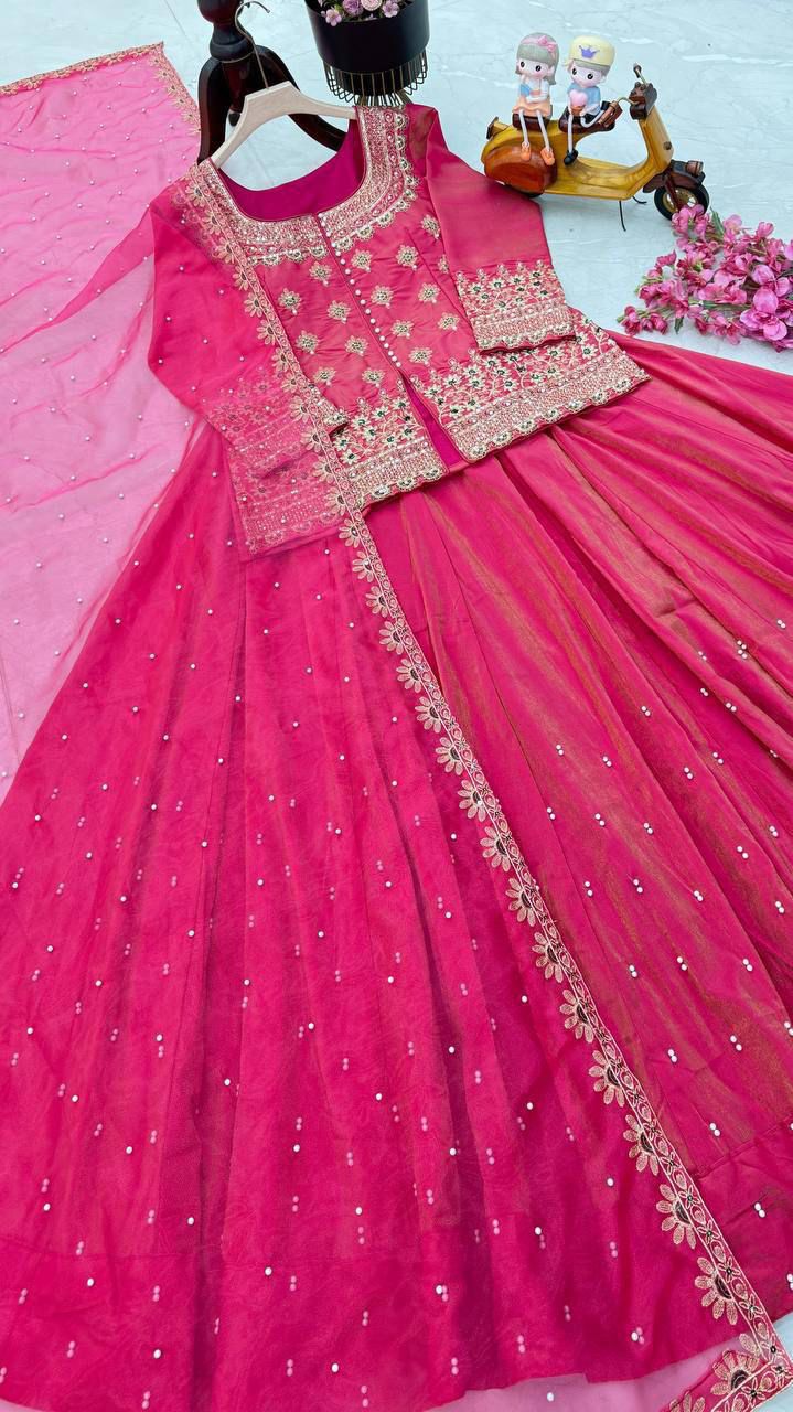 Demanding Designer Lehenga Crop Top & Dupatta Set With Bids & Sequence Embroidery Work ( MAS_ZC_9008_Pink )