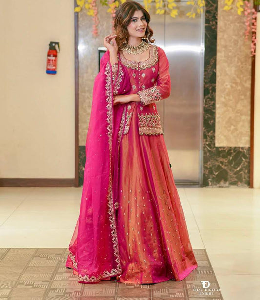 Demanding Designer Lehenga Crop Top & Dupatta Set With Bids & Sequence Embroidery Work ( MAS_ZC_9008_Pink )
