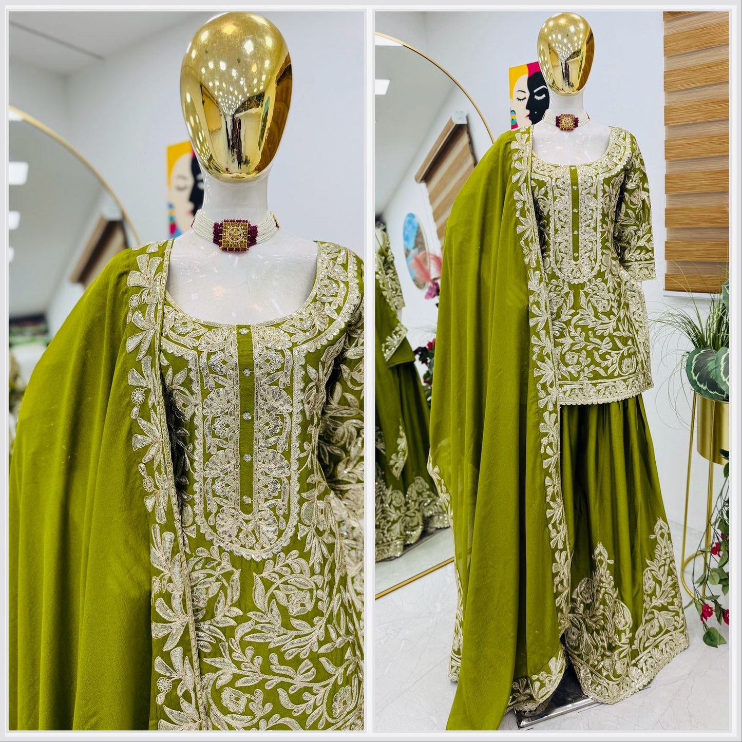 Pretty Sharara & Dupatta Set With Cording Sequence Embroidery Work ( MAS_ZD_10095_Mehendi )