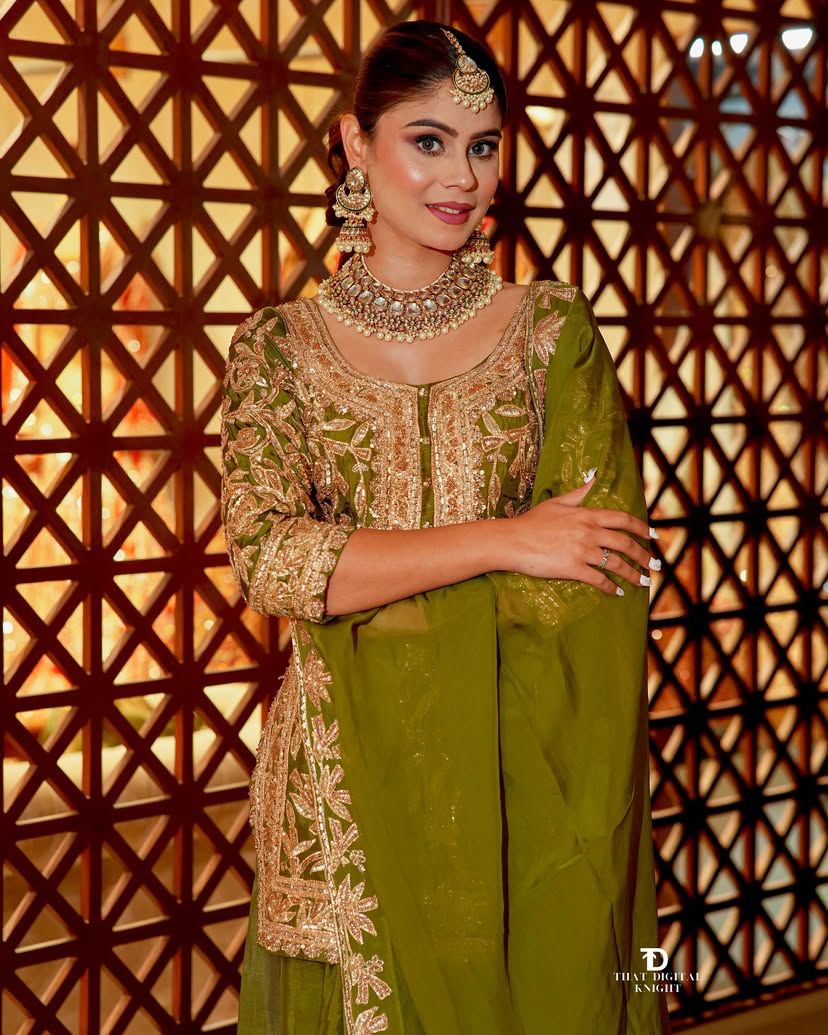 Pretty Sharara & Dupatta Set With Cording Sequence Embroidery Work ( MAS_ZD_10095_Mehendi )