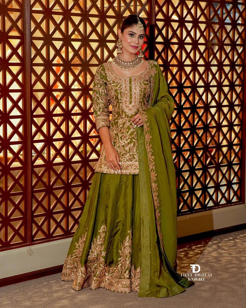 Pretty Sharara & Dupatta Set With Cording Sequence Embroidery Work ( MAS_ZD_10095_Mehendi )