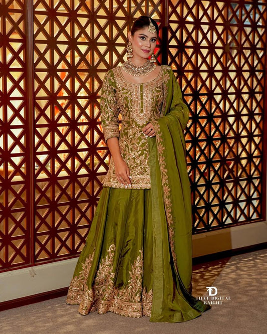 Pretty Sharara & Dupatta Set With Cording Sequence Embroidery Work ( MAS_ZD_10095_Mehendi )