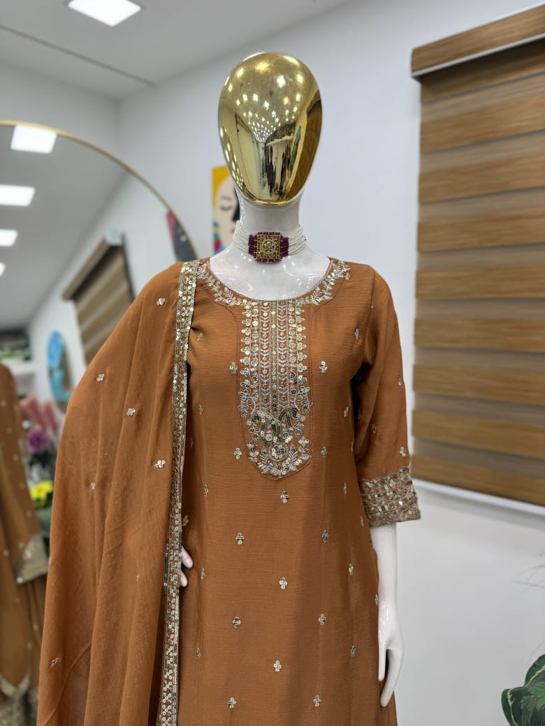 Classy Top, Plazzo & Dupatta Set With Sequence Embroidery Work (MAS_ZF_6003_Brown)