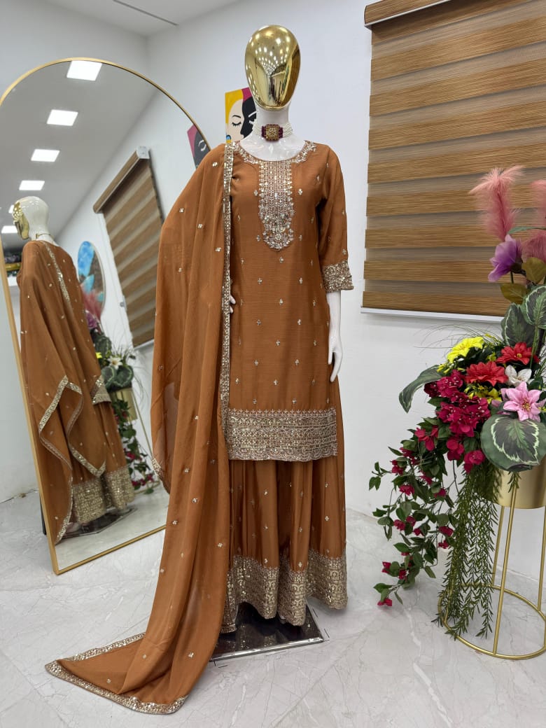 Classy Top, Plazzo & Dupatta Set With Sequence Embroidery Work (MAS_ZF_6003_Brown)