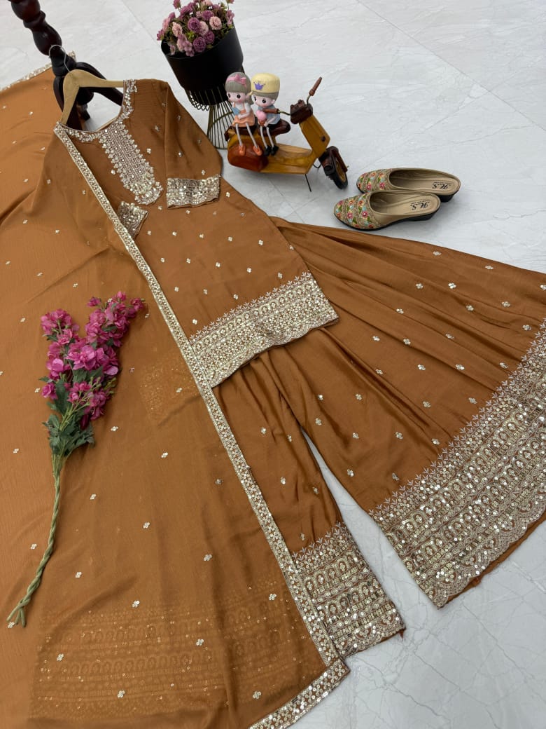 Classy Top, Plazzo & Dupatta Set With Sequence Embroidery Work (MAS_ZF_6003_Brown)