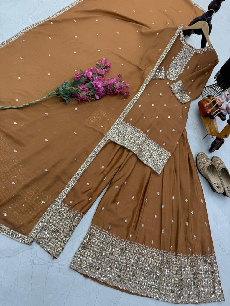 Classy Top, Plazzo & Dupatta Set With Sequence Embroidery Work (MAS_ZF_6003_Brown)