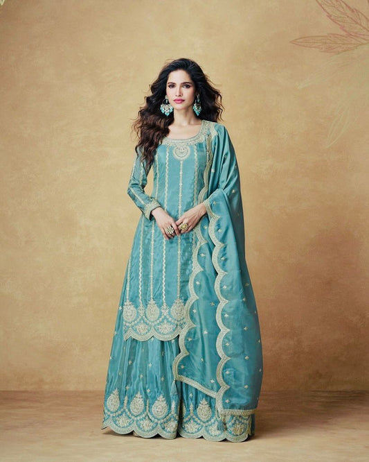 Trendy Party Wear Plazzo & Dupatta Set  With Sequence Embroidery Work (MAS_ZF_6003_Sky)
