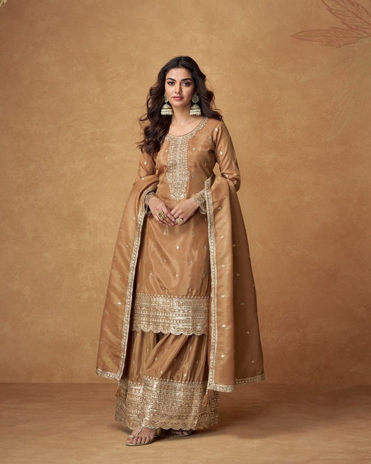 Classy Top, Plazzo & Dupatta Set With Sequence Embroidery Work (MAS_ZF_6003_Brown)